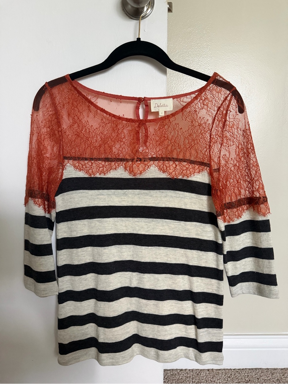 Anthropologie Deletta Black and Cream Striped Top with Rust Lace Yoke